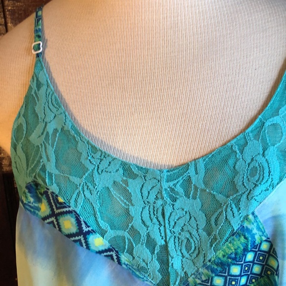 GlamDoll sz Med. Tent sundress teal, blue, green, and yellow/lace panels/lined - Picture 4 of 13